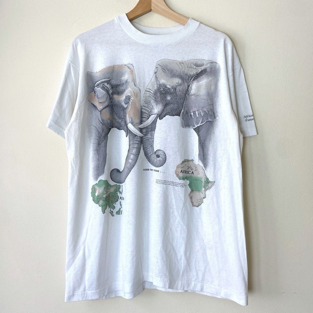 Vintage 90's Elephant Nature Love Art Africa Asia White‎ Tee Shirt